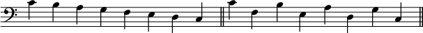   { \omit Score.TimeSignature \relative c' { \clef F \time 8/4 cbagfedc \bar "||" c' f, be, ad, gc, \bar "||" } } \layout { \context { \Score \override SpacingSpanner.base-shortest-duration = #(ly:make-moment 1/16) } }
