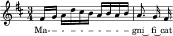 \relative c' { \clef treble \time 3/4 \key d \major \partial 8*5 fis16[ g] a[ d cis b] a[ bab] | \autoBeamOff a8. g16 fis } \addlyrics { Ma- – - – - - - - - - – gni~ fi~ cat }