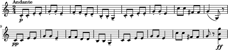 \relative c' {\set Score.tempoHideNote = ##t \time 2/4 \tempo "Andante" 8 = 110 c8-.\p c-. e-。 e-。ぐ~。ぐ~。 e4--f8-。 f-。 d-。 d-。 b-。 b-。 g4--c8-。 c-。 e-。 e-。ぐ~。ぐ~。 e4 c'8 c fis, fis g4( g,8) r\break c\pp ceegg e4-- f8 fddbb g4-- c8 ceegg e4 c'8 c fis, fis gr <<d4\ff b' g'> >}