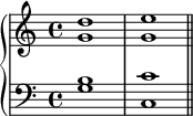 \new PianoStaff << \new Staff << \new Voice \relative c'' { \stemUp \clef treble \key c \major \time 4/4 d1 e } \new Voice \relative c'' { \stemDown g1 g } >> \new Staff << \new Voice \relative c' { \stemUp \clef bass \key c \major \time 4/4 b1 c } \new Voice \relative c' { \stemDown g1 c, \bar "||" } >> >>