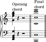 { \override Score.TimeSignature #'stencil = ##f { \new PianoStaff << \new Staff { \clef treble \time 4/4 <g' e'' g'' b''>4^\markup { \column { "Opening" "chord" } } r r2 \bar "||" <c' c'' c''' e'''>1^\markup { \column { "Final" "chord" } } \bar "||" } \new Staff { \clef bass \time 4/4 <e, g, b, g>4 r r2 \bar "||" <c, c>1 \bar "||" } >> } }