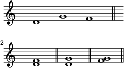 \layout { 線幅 = 60\mm インデント = 0\mm } \relative c''{ \clef トレブル \time 3/1 \hide Staff.TimeSignature d,1 gf \bar "||" \break \time 1/1 <d f> \bar "||" <d g> \bar "||" <f g> \bar "||" }
