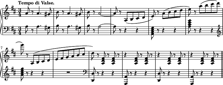 \relative b' { \new PianoStaff << \new Staff { \key b \minor \time 3/4 \set Score.tempoHideNote = ##t \tempo "テンポ ディ ヴァルス。" 2. = 64 a8 r a4。ギス8 | br a4。ギス8 |ブラ a2 ~ | a8 ra,8( b cis d | e) ra( b cis d | e) ra( b cis d | e) ra,,,( b cis d | e fis gab cis | d) r <a, d fis> 8 r <ad fis> r | r4 <ad fis>8 r <ad fis> r | r4 <ad fis>8 r <ad fis> | r r4 <ad fis>8 r <ad fis> r | \bar "||" } \new Staff { \key b \minor \time 3/4 \clef bass a8 r a4. gis8 | br a4. gis8 | br a2 ~ | a8 r r4 r | <ge cis a>8 r r4 r | <a cis e g>8 r r4 r | \clef トレブル <a' cis e g>8 r r4 r | R2. | \clef ベース <d,,, d'>8 r r4 r | <a a '>8 r r4 r | <d d'>8 r r4 r | <a a'>8 r r4 r | } >> }