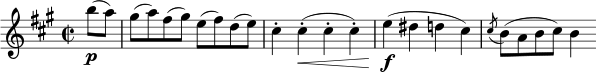 \relative b'' { \key a \major \time 2/2 \partial 4 b8( \pa) | gis(a)fis(gis)e(fis)d(e)cis4-。 cis-.( \< cis-.cis-.) | e4( \f dis d cis) \acciaccatura cis8 b( ab cis) b4 }