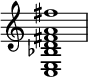 
{ \override Score.TimeSignature #'stencil = ##f \time 4/4 <ce bes fis' a' d' fis''>1 }
