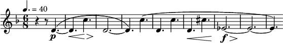 \relative c' { \clef treble \key d \minor \time 6/8 \tempo 4. = 40 r4 r8 d4.~(\p | d\< c'\!\> | d,2.\!~ | d4.) c'( | d, c' | d,\< cis' | ees,2.\f\!\>~ | ees~\! | ees4.) }