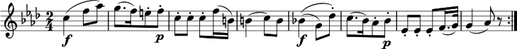 \relative c'' { \key f \minor \time 2/4 c4( \f f8 as) | g8.([ f16) e8-. f-.] \p | c8-. c-. c-. f16( b,) b4( c8) b | bes!4\(( \f g8) des'-.\) | c8.([ bes16) as8-. bes-.] \p es,8-. es-. es-. f16.( g32) | g4( as8) r \bar ":|." }