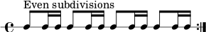 \new RhythmicStaff { \clef percussion \time 4/4 \repeat volta 2 { c8^\markup { "均等な細分化" } c16 c c8 c16 c c8 c16 c c8 c16 c } } 