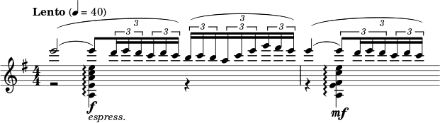  \new Staff << \set Staff.midiInstrument = #"violin" \tempo \markup "Lento" 4 = 40 \clef treble \key g \major \numericTimeSignature \time 4/4 \new Voice = "Solo-V1" \relative c{ \voiceOne e'''2\=1(\=2( \tuplet 3/2 {e8\=2)[ \tuplet 3/2 { d16 ed } \tuplet 3/2 { cdc] }}\=1) \tuplet 3/2 {\tuplet 3/2 {b([ cb} \tuplet 3/2 {ace} \tuplet 3/2 {g fis e])}} e4\=1(\=2( \tuplet 3/2 {[ \tuplet 3/2{e8\=1) d16 ed} \tuplet 3/2 {c16 dc}]}\=2) } \new Voice = "Hfe." \relative c{ \voiceTwo r2 <a' e' ac e>4_\markup { \italic espress. }\arpeggio \f r4 r4 <a e' fis c' e>4\arpeggio \mf } >> 