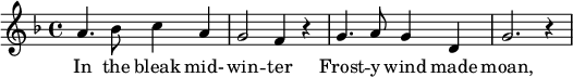 \relative { \key f \major \time 4/4 a'4. bes8 c4 a g2 f4 r g4. a8 g4 d g2. r4 } \addlyrics { 寒々とした真冬に 霜の降りる風がうめき声をあげ、 }