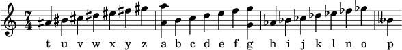 { << \new Voice = "one" { \relative c''{ \time 7/4 ais bis cis dis eis fis gis <aa,> b, cdef <gg,> as, bes ces des es fes ges beses, \new 歌詞 \lyricsto "one" { tuvwxyz abcdefghijklnop } >> }