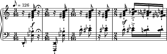 { \new PianoStaff << \new Staff \relative c'' { \set Staff.midiInstrument = #"violin" \clef treble \tempo 8 = 126 \override DynamicLineSpanner.staff-padding = #4 \time 3/16 r16 <dca fis d>-! r16\fermata | \time 2/16 r <dca fis d>-! \time 3/16 r <dca fis d>8-! | r16 <dca fis d>8-! | \time 2/8 <dca fis>16-! <ec bes g>->-![ <cis b aes f>-! <ca fis ees>-!] } \new Staff \relative c { \set Staff.midiInstrument = #"cello" \clef bass \time 3/16 d,16-! <bes'' ees,>^\f-! r\fermata | \time 2/16 <d,, d,>-! <bes'' ees,>-! | \time 3/16 d16-! <ees cis>8-! | r16 <ees cis>8-! | \time 2/8 d16^\sf-! <ees cis>-!->[ <d c>-! <d c>-!] } >> }