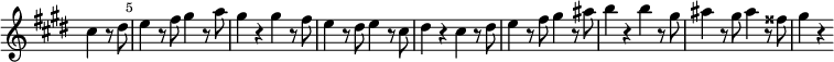 \relative c'' \new Staff \with { \remove "Time_signature_engraver" } { \key cis \minor \time 2/2 \set Score.tempoHideNote = ##t \tempo 2 = 132 \set Staff.midiInstrument = "ヴァイオリン" \部分 2 cis4 r8 ディス | \once \override Score.BarNumber #'break-visibility = ##(#f #t #t) \set Score.currentBarNumber = #5 \bar "|" e4 r8 fis gis4 r8 a | gis4 r gis r8 fis | e4 r8 ディス e4 r8 シス | dis4rcisr8dis | e4 r8 fis gis4 r8 ais | b4 rb r8 gis | ais4 r8 gis ais4 r8 fisis | gis4r }