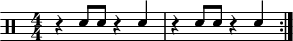 \version "2.22.0" \header { tagline = ##f} \score { \drums \with {midiInstrument = "drums"} \with { \numericTimeSignature } { \repeat volta 2 {\stemUp r4 sne8 sne8 r4 sne r4 sne8 sne8 r4 sne \break } } \layout {} } \score { \unfoldRepeats { \drums \with {midiInstrument = "drums"}{ \repeat volta 2 { r4 sne8 sne8 r4 sne r4 sne8 sne8 r4 sne } } } \ MIDI { \tempo 4 = 100 } }