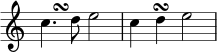 { \override Score.TimeSignature #'stencil = ##f << \clef treble \relative c'' { \stemNeutral c4. d8 e2 c4 d\turn e2 } \\ { s4 s^\turn } >> } 