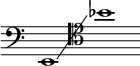 \layout { ragged-right = ##t \context { \Score \omit BarNumber } } { \new Staff \with { \remove "Time_signature_engraver" } \clef bass \key c \major \cadenzaOn e,1 \glissando \clef tenor bes'1 }