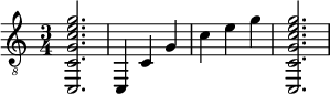 { \clef "treble_8" \time 3/4 <c, cg c' e' g'>2. <c, >4 <c >4 <g >4 <c' >4 <e' >4 <g' >4 <c, cg c' e' g'>2. }