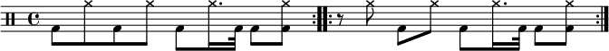 
    \new Staff << \relative c' { \clef percussion \time 4/4 \repeat volta 2 { g8 \xNote a' g, \xNote a' g, \xNote a'16. g,32 g8 <g \xNote a'> } \repeat volta 2 { r8 \xNote a'\noBeam g, \xNote a' g, \xNote a'16. g,32 g8 <g \xNote a'> } } >>
