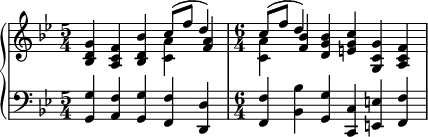 { #(set-global-staff-size 18) \new PianoStaff << \new Staff << \new voice \relative c'' { \set Score.tempoHideNote = ##t \tempo 4 = 112 \clef treble \key bes \major \time 5/4 <bes, d g>4 <ac f> <bes d bes'> \stemDown <c a'> \stemNeutral <f a> \time 6/4 \stemDown <c a'> \stemNeutral <f bes> <dg bes> <eg c> <g, c g'> <ac f> } \new Voice \relative c'' { \time 5/4 s2. \stemUp c8^( f d4) \time 6/4 \stemUp c8^( f d4) s1 } >> \new Staff << \clef bass \key bes \major \relative c { \time 5/4 <g g'>4 <a f'> <g g'> <f f'> <d d'> \time 6/4 <f f'> <bes bes'> <g g'> <c, c'> <e e'> <f f'> } >> >> }