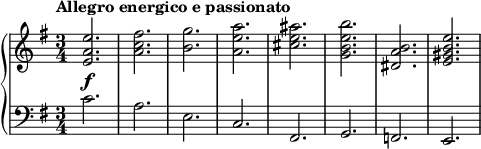 { \new PianoStaff << \new Staff << \relative c' { \tempo "Allegro energico e Passionato" \set Score.tempoHideNote = ##t \tempo 4 = 80 \key e \minor \time 3/4 \clef高音 \set Staff.midiInstrument = "金管セクション" \bar "" <ea e'>2. <ac fis> <b g'> <a e' a> <cis e ais> <gbe b'> <dis a' b> <e gis b e> } >> \new Staff << \relative c' { \set Score.tempoHideNote = ##t \tempo 4 = 80 \key e \minor \time 3/4 \clef brass \set Staff.midiInstrument = "金管セクション" \bar "" c2.^\faec fis, gfe } >> >> }