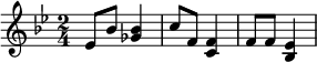 \relative { \set Score.tempoHideNote = ##t \tempo 4 = 80 \set Staff.midiInstrument = #"vibraphone" \key bes \major \time 2/4 es'8 bes'8 <ges bes>4 c8 f,8 <c f>4 f8 f8 <bes, es>4 }