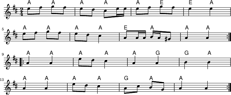 << \new ChordNames { \set ChordChanges = ### a4 a4 |%1 a4 a4 |%2 a4 a4 |%3 e4 e4 |%4 a4 a4 |%5 a4 a4 |%6 a4 e4 |%7 a4 a4 |%8 a4 a4 |%9 a4 a4 |%10 a4 a4 |%11 g4 g4 |%12 a4 a4 |%13 a4 a4 |%14 a4 g4 |%15 a4 a4 |%16 } \new Staff \relative c''{ \time 2/4 \key a \mixolydian \repeat volta 2 { %startrepeat e8 fis8 g8 fis8 |%1 e8 d cis e16 e |%2 e8 fis g fis |%3 e4 e4 |%4 \break e8 fis8 g fis |%5 e8 d8 cis4 |%6 a8 a16 aba gis8 |%7 a4 a |%8 } %endrepeat \break \repeat volta 2 { %startrepeat a4 a |%9 e'8 d cis4 |%10 a4 a |%11 b4 b |%12 \break a4 a |%13 e'8 d cis4 |%14 a8 cis bg |%15 a4 a |%16 } } >>