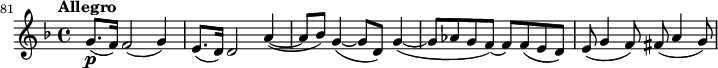 \relative c' { \key d \minor \time 4/4 \tempo "Allegro" \set Staff.midiInstrument = "violin" \set Score.tempoHideNote = ##t \tempo 4 = 128 \set Score.currentBarNumber = #81 \bar "" g'8.\p( f16) f2( g4) e8.( d16) d2 a'4(~ a8 bes) g4(~ g8 d) g4(~ g8 aes gf)~ ff(ed) e( g4 f8) fis( a4 g8) }