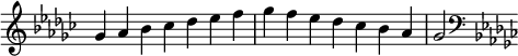 { \omit Score.TimeSignature \relative c'' { \key ges \major \time 7/4 ges aes bes ces des es f ges f es des ces bes aes ges2 \clef F \key ges \major } }