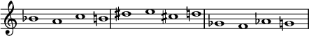 { \override Score.TimeSignature #'stencil = ##f \override Score.SpacingSpanner.strict-note-spacing = ##t \set Score.proportionalNotationDuration = #(ly:make-moment 3/2) \relative c'' { \time 4/1 \set Score.tempoHideNote = ##t \tempo 1 = 60 bes1 acb! dis e cis d ges, f aes g } }