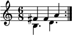 \new Staff << \clef treble \time 6/8 \new Voice \relative c' { \stemUp \repeat volta 2 { fis4 fis a } } \new Voice { \stemDown \repeat volta 2 { b4. d' } } >>