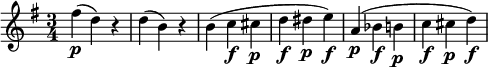 \relative c'{ \key g \major \time 3/4 \set Staff.midiInstrument = #"violin" \p fis'( d) rd( b) rb( c \f cis \pd \f dis \pe) \fa,( \p bes \fb \pc \f cis \pd \f) }