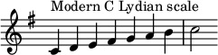 { \key c \lydian \override Score.TimeSignature #'stencil = ##f \relative c' { \clef treble \time 7/4 c4^\markup { モダン C リディアン スケール } de fis gab c2 } }
