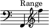 
{ \override Score.TimeSignature #'stencil = ##f \relative c'' { \clef bass \key c \major f,,,4^\markup { "Range" }\glissando \clef treble f''' } }
