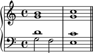\new PianoStaff << \new Staff << \new Voice \relative c'' { \stemUp \clef treble \key c \major \time 4/4 b1 c1 } \new Voice \relative c'' { \stemDown g1 g1 } >> \new Staff << \new Voice \relative c' { \stemUp \clef bass \key c \major \time 4/4 d1 c1 } \new Voice \relative c' { \stemDown g2 f e1 \bar "||" } >> >>