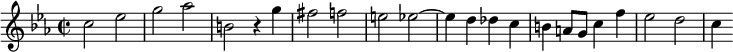 
\relative c'{ \clef treble \key c \minor \time 2/2 \set Staff.midiInstrument = "harpsichord" c'2 ees | % 1 g aes | % 2 b, r4 g' | % 3 fis2 f | % 4 ええ~ | % 5 ees4 d des c | % 6 b a8 g c4 f | % 7 ees2 d \bar "|" | % 8 c4 }