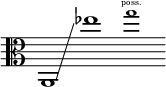 { \new Staff \with { \remove "Time_signature_engraver" } \clef alto \key c \major \cadenzaOn a,1 ^ \glissando ees''1 \tweak font-size #-2 g''1 ^ \finger \markup \text "poss." }