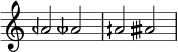 { \override Score.TimeSignature #'stencil = ##f \relative c'' { \time 4/4 aeh2 aeseh aih aisih } }