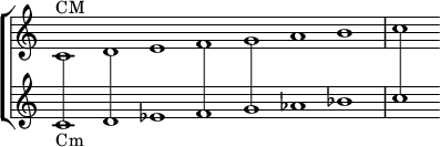 \new ChoirStaff \with { \omit TimeSignature } << \new Staff \relative c' { \time 7/1 c1^\markup{"CM"} defgabc } \new Staff \relative c' { c1_\markup{"Cm"}^\markup { \hspace #1 \with-dimensions #'(0 . 0) #'(0 . 0) \translate #'(0 . -5) \draw-line #'(0 . 8) } d^\markup { \hspace #1 \with-dimensions #'(0 . 0) #'(0 . 0) \translate #'(0 . -4.5) \draw-line #'(0 . 8) } es f^\markup { \hspace #1 \with-dimensions #'(0 . 0) #'(0 . 0) \translate #'(0 . -3.5) \draw-line #'(0 . 8) } g^\markup { \hspace #1 \with-dimensions #'(0 . 0) #'(0 . 0) \translate #'(0 . -3) \draw-line #'(0 . 8) } aes bes c^\markup { \hspace #1 \with-dimensions #'(0 . 0) #'(0 . 0) \translate #'(0 . -1.5) \draw-line #'(0 . 8) } } >>