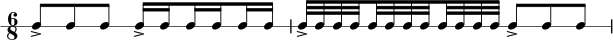 \new RhythmicStaff { \clef percussion \time 6/8 \set Score.tempoHideNote = ##t \tempo 4 = 80 c8-> cc c16-> \set stemRightBeamCount = #1 c \set stemLeftBeamCount = #1 c \set stemRightBeamCount = #1 c \set stemLeftBeamCount = #1 cc c32-> cc \set stemRightBeamCount = #1 c \set stemLeftBeamCount = #1 ccc \set stemRightBeamCount = #1 c \set stemLeftBeamCount = #1 cccc c8-> cc } 