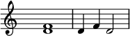 \relative c'{ \hide Staff.TimeSignature <d f>1 | d4 f d2 }
