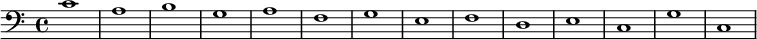 
   { \new Staff << \new Voice \relative c' { \stemDown \clef bass \key c \major \time 4/4 \tempo 1 = 60 \set Score.tempoHideNote = ##t c1 abgafgefdec g' c, } >> }
