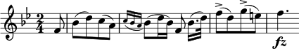 \relative f' { \key bes \major \time 2/4 \partial 8 f8 | bes8([ d) c( a)] \appoggiatura { c16 bes a } bes8( d16 bes) f8 bes16.([ d32)] f8->([ d) g->( e)] | f4. \fz }