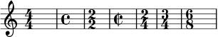 { \override Score.SpacingSpanner.strict-note-spacing = ##t \set Score.proportionalNotationDuration = #(ly:make-moment 1/1) \key c \major \relative c' { \numericTimeSignature \time 4/4 s1 \defaultTimeSignature \time 4/4 s1 \numericTimeSignature \time 2/2 s1 \defaultTimeSignature \time 2/2 s1 \time 2/4 s2 \time 3/4 s2. \time 6/8 s2. } }