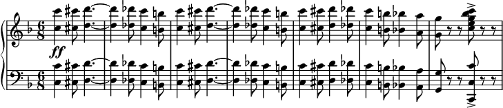 { { \new PianoStaff << \new Staff { \relative c'' { \set Score.tempoHideNote = ##t \tempo 4. = 120 \clef treble \time 6/8 \key f \major <c c'> 4\ff <cis cis'>8 <d d'>4.~ <d d'>4 <des des'>8 <c c'>4 <b b'>8 <c c'>4 <cis cis'>8 <d d'>4.~ <d d'>4 <des des'>8 <c c'>4 <b b'>8 <c c'>4 <cis cis'>8 <d d'>4 <des des'>8 <c c'>4 <b b'>8 <bes bes'>4 <a a'>8 <g g'>8 rr <ceg bes c>-> rr } } \new Staff { \relative c { \clef bass \time 6/8 \key f \major <c c'>4 <cis cis'>8 <d d'>4.~ <d d'>4 < des des'>8 <c c'>4 <b b'>8 <c c'>4 <cis cis'>8 <d d'>4.~ <d d'>4 <des des'>8 < c c'>4 <b b'>8 <c c'>4 <cis cis'>8 <d d'>4 <des des'>8 <c c'>4 <b b'>8 <bes bes '>4 <a a'>8 <g g'>8 rr <c, c' c'>-> rr } } >> } }