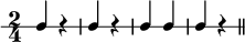
\new RhythmicStaff { \clef percussion \time 2/4 c4 rcrcccr \bar "||" }

