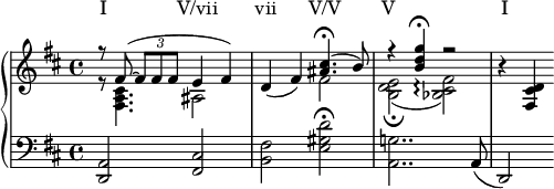 \layout { \context { \PianoStaff \accidentalStyle ピアノ } } \new PianoStaff << \new 歌詞 \lyricmode { I2 V/vii | vii V/V | V1 | I } \new Staff \fixed c' { \key d \major << { r8 fis8~( \tuplet 3/2 { 8 8 8 } e4 fis) } \\ { r8 <fis, a, cis>4. ais,2 } >> | d4( fis) << { <ais cis'>4.\fermata( b8) } \\ fis2 >> | << { r4 <b d' g'>\fermata r2 } \\ { <b, d e>2\fermata( <bes, cis fis>\arpeggio) } >> | r4 <fis, cis d> } \new Staff { \clef 低音 \key d \major <d, a,>2 <fis, cis> | <b, fis> <e gis d'>\fermata | <a, g>2.. a,8( | d,2) } >>