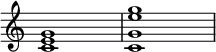 { \override Score.TimeSignature #'stencil = ##f \override Score.SpacingSpanner.strict-note-spacing = ##t \set Score.proportionalNotationDuration = #(ly:make-moment 1/4) \time 4/4 \relative c' { <ce g>1 <c g' e' g> } }