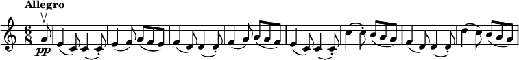 \new Staff { \time 6/8 \clef treble \set Score.tempoHideNote = ##t \tempo Allegro 4. = 120 \transpose dc { \relative c'' { \partial 8 a8\pp\upbow | fis4( d8) d4( d8-.) | fis4( g8) a( g fis) | g4( e8) e4( e8-.) | g4( a8) b( ag) | fis4( d8) d4( d8-.) | d'4( d8-.) cis( ba) | g4( e8) e4( e8-.) | e'4( d8) cis( ba) | } } }