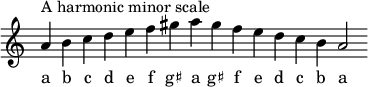 { \omit Score.TimeSignature \relative c'' { \cadenzaOn a^"A ハーモニックマイナースケール" bcdef gis a gis fedcb a2} \addlyrics { abcdefg♯ ag♯ fedcba } }
