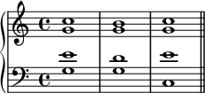 { \new PianoStaff << \new Staff << \new Voice \relative c'' { \stemUp \clef treble \key c \major \time 4/4 c1 bc } \new Voice \relative c'' { \stemDown g1 gg } >> \new Staff << \new Voice \relative c' { \stemUp \clef bass \key c \major \time 4/4 e1 de } \new Voice \relative c' { \stemDown g1 gc, \bar "||" } >> >> }